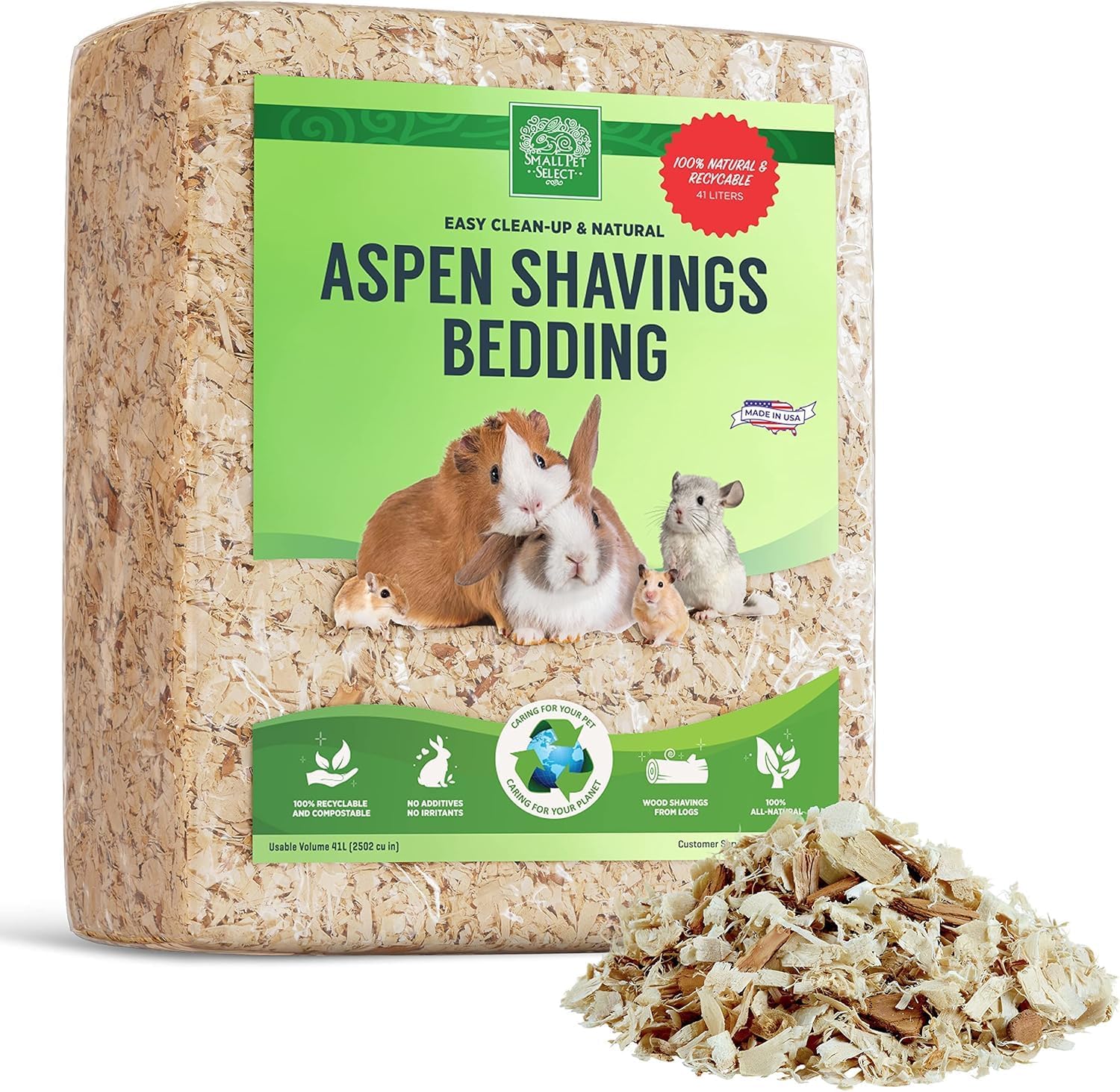 Small Pet Select Premium Natural Aspen Bedding, Animal Bedding for Small Indoor and Outdoor Pets, Made in the USA, Size 41 L Pack