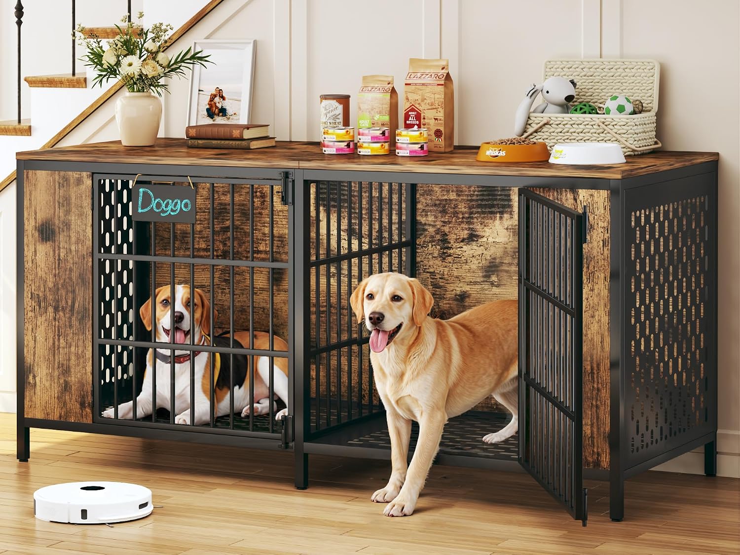 63″ Large Double Dog Kennel Furniture for 2 Dogs – Extra Sturdy XXL Metal & Wooden Medium Dog Cage with Removable Divider, Dual Doors & Name Tags – Indoor/Outdoor Crate for Large Breeds
