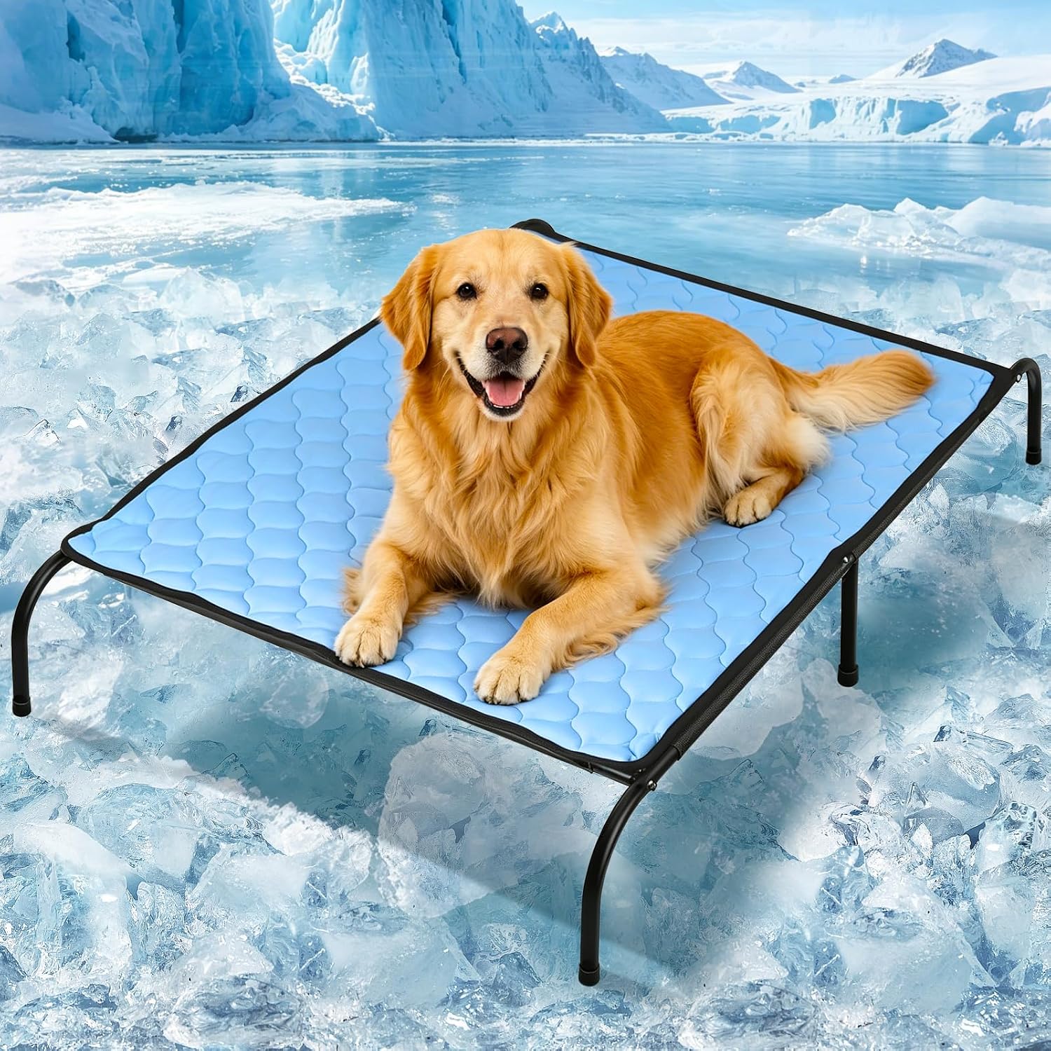 SZEE Elevated Dog Bed, Cooling Dog Cot Bed, Support Up to 100 LBS for Large Breeds, with Durable Steel Frame, Reversible Ice Silk Mat & Sturdy Teslin Mesh, Outdoor & Indoor All-Season Use – L