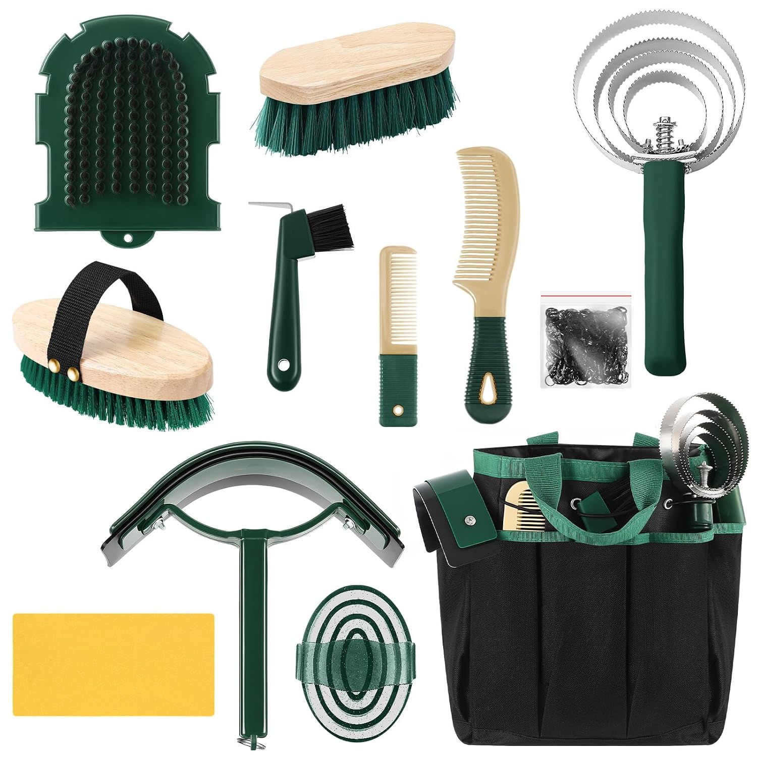Abbylike 12 Piece Horse Grooming Kit with Organizer Tote Bag Brush Sets for Derby Day Show Horses Professional Tools for Care & Massage(Khaki and Green)