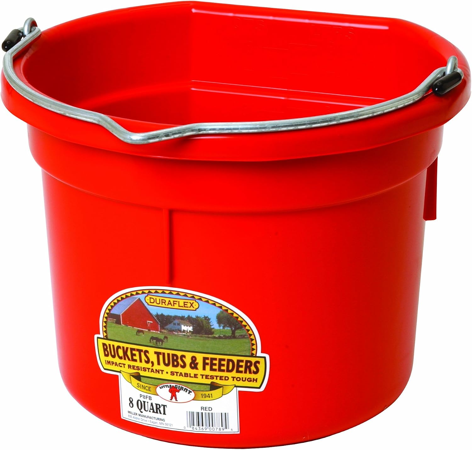 Miller Manufacturing P8FBRED Flat Back Bucket for Dogs and Horses, 8-Quart, Red