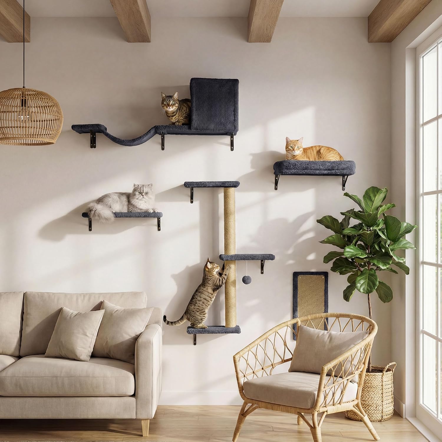 MEWANG Cat Wall Shelves, 5-in-1 Cat Wall Furniture Set, Grey