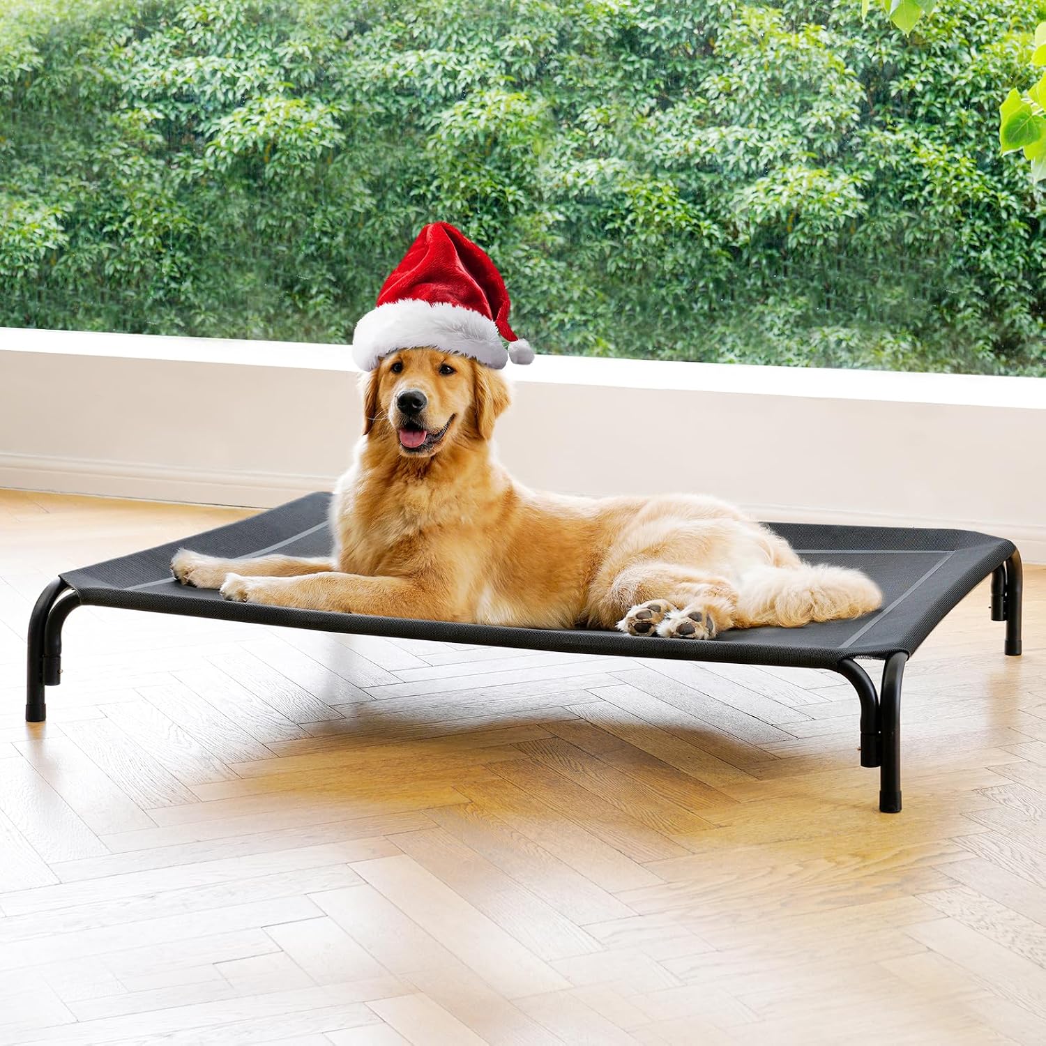 Elevated Dog Bed Raised Outdoor Dog Cot for Large Dogs, Installation Requires No Tools, Frame with Washable Cooling Breathable Mesh Anti-Slip Feet, Indoor Pet Bed, Black, 43.3 Inches