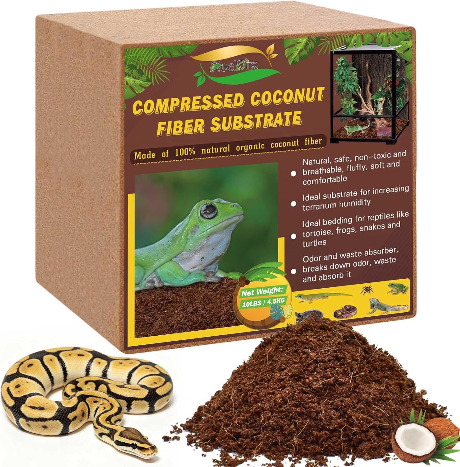 ZeeDix 10LBS Coconut Fiber Substrate, Premium Coco Coir Reptile Substrate