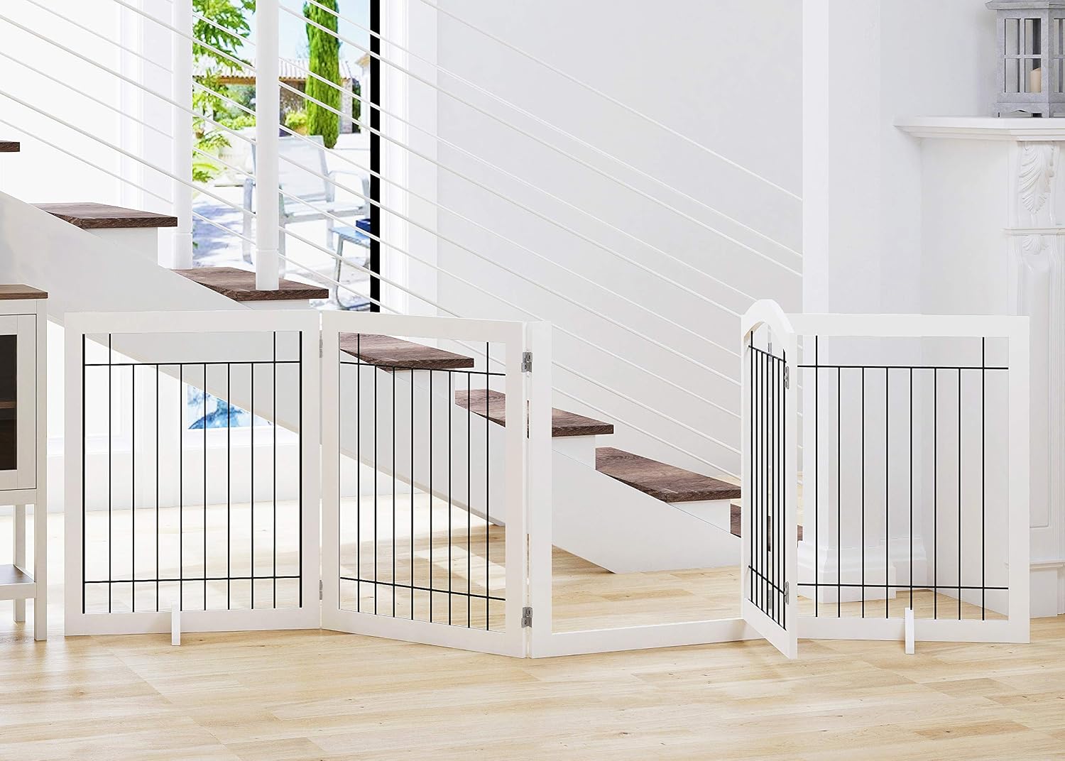 SPIRICH Freestanding Foldable Dog Gate Indoor with Door, 96″ Wide, 30″ Tall