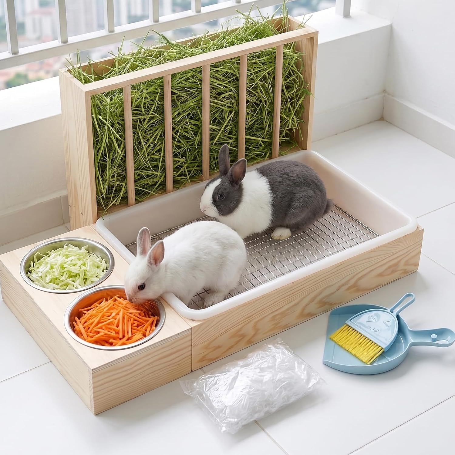 3-in-1 Extra Large Rabbit Litter Box with Hay Feeder, Wood Bunny Litter Box