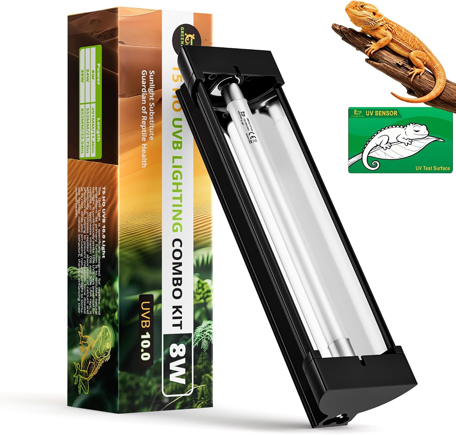 T5 10.0 UVB Reptile Light Fixture Combo Kit 8W 12”, with UV Sensor Card