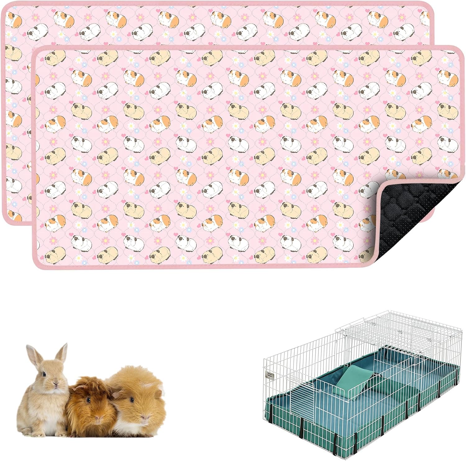 Guinea Pig Cage Liner, 49″x24″ Bedding for Midwest Cage 2 Pack, Pink