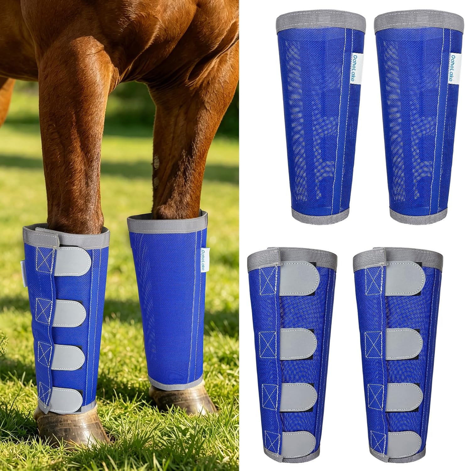 Reflective Horse Fly Boots Set of 4, Loose Fitting Leggings for Horses, Equine Fly Leg Wraps Socks for 4 Legs, Breathable Adjustable and Universal Fit, Reliable Stay Put and on (Blue)