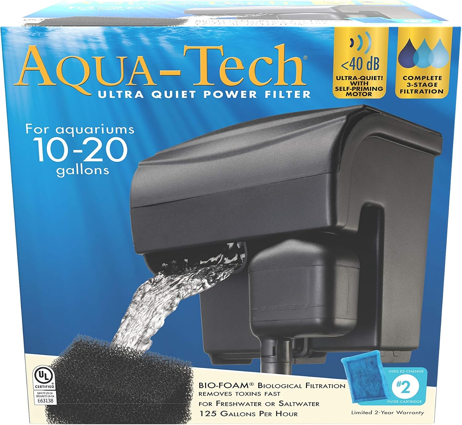 Aqua-Tech Ultra Quiet Power Filter For Aquariums, 10-20 Gallon