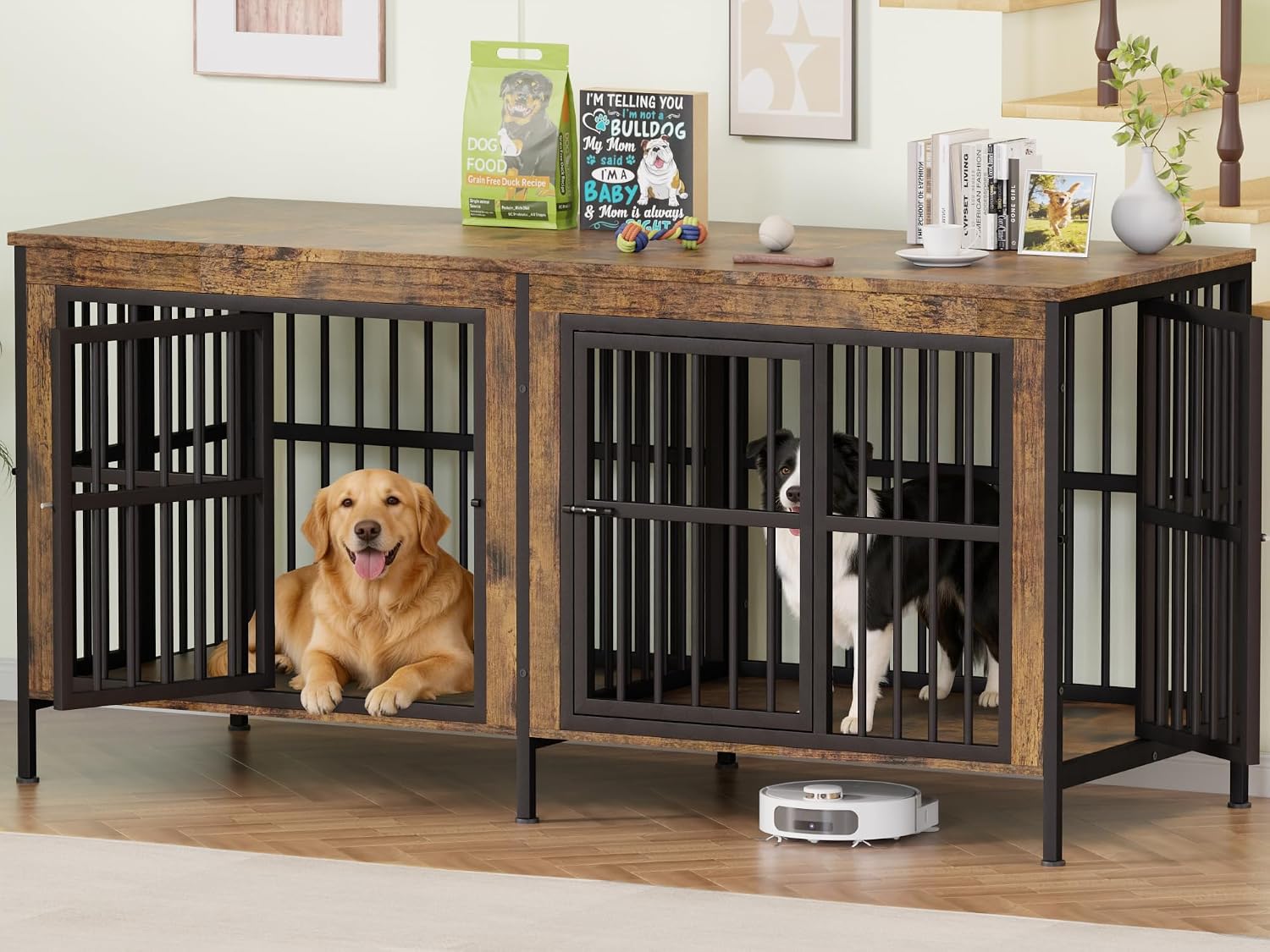 78″ Double Dog Crate Furniture for Medium/Large Dogs, Brown