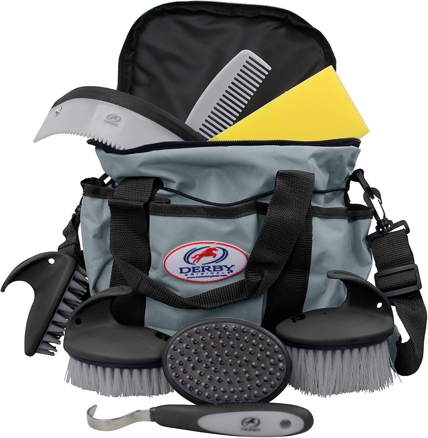 Derby Originals 9Piece Horse Grooming Set with Matching Nylon Carry Bag – Available in 8 Fun Colors, Grey & Black