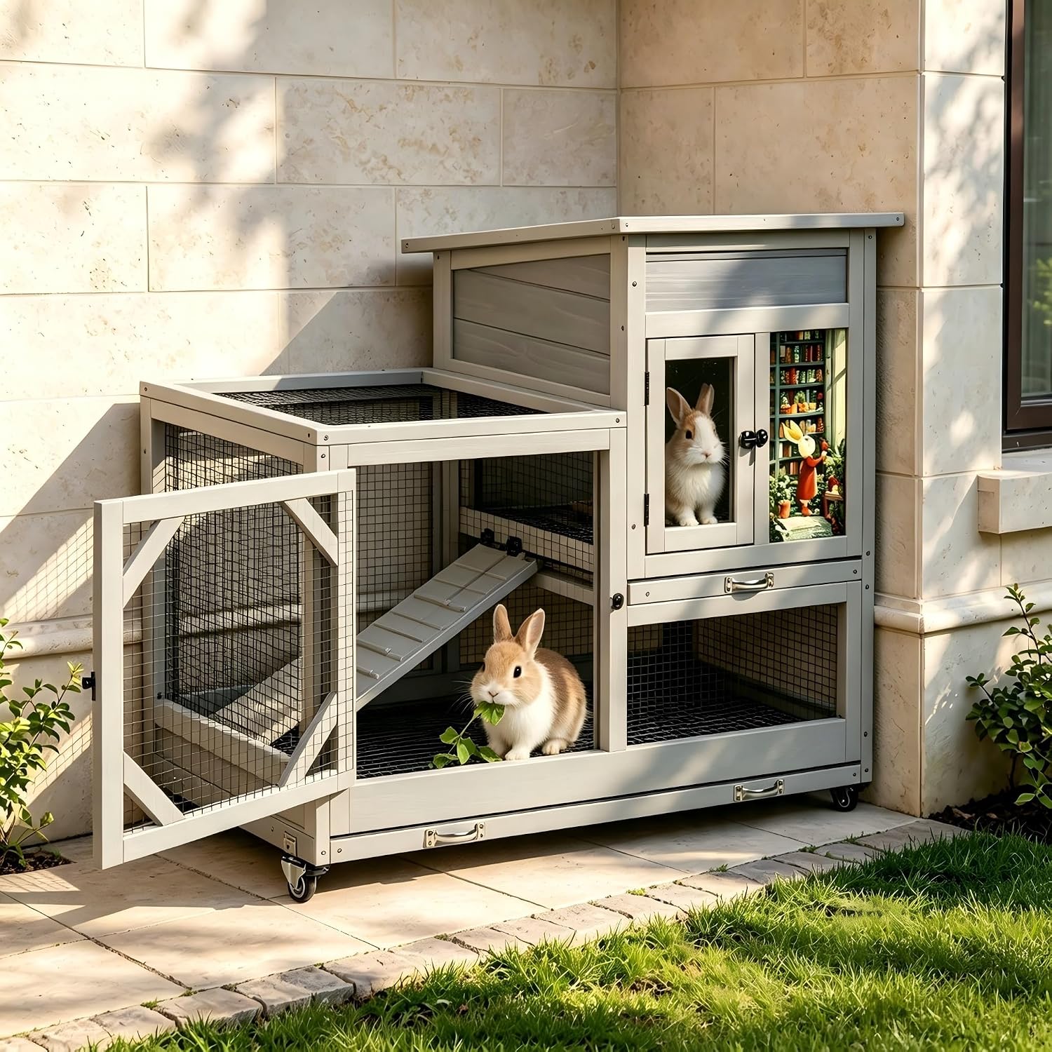 COZIWOW Rabbit Hutch Indoor Outdoor Bunny Cage with Wire Floors, Gray