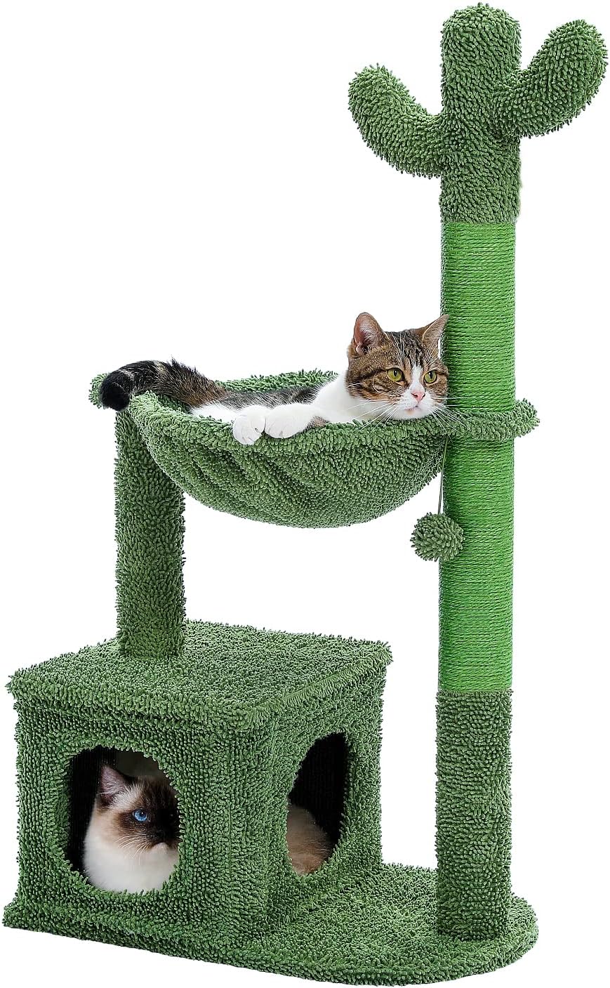 MUTTROS 40″ Cactus Cat Tree with Hammock, Condo & Sisal Post, Green