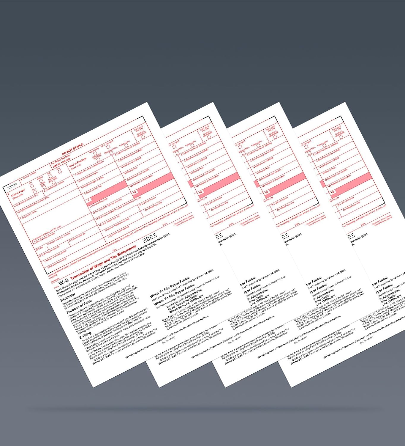 W3 Transmittal Tax Forms 2025, 10 Form W-3 Summary Forms for Transmittal of Wage and Tax Statements, Compatible with QuickBooks and Accounting Software, for Laser or Inkjet Printers