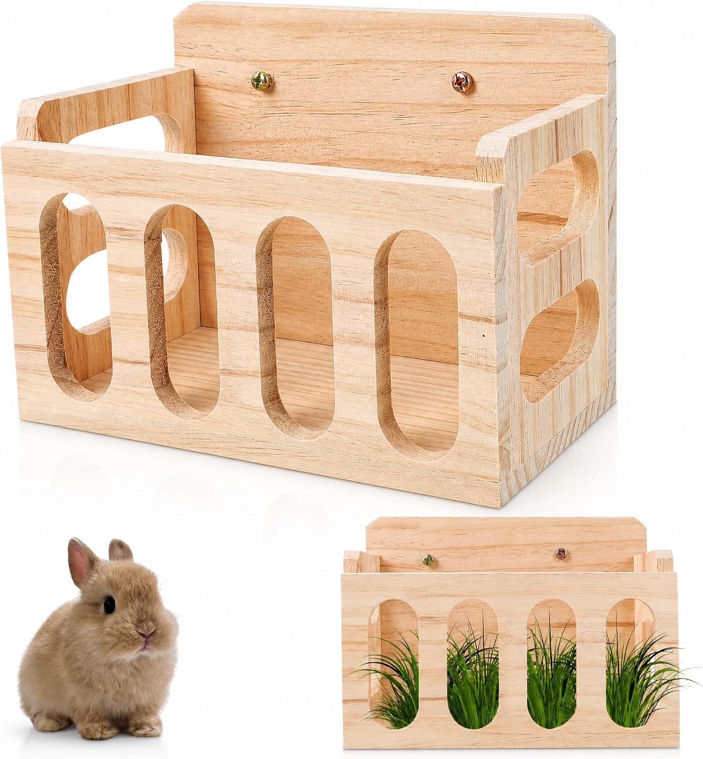 Balacoo Rabbit Hay Feeder 9.25 x 5.5 x 6.8 Inch Wooden Small Animal Feeder Rack – Mess-Free Foraging Design & Floor-Saving Mounting – for Guinea Pig, Chinchilla, Rabbit Cage or Floor Use