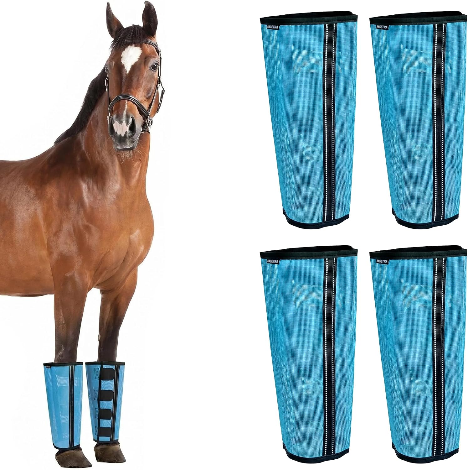 Horse Fly Boots Set of 4, Breathable Mesh Protectores para Caballos, Lightweight Fly Protection for Horse Legs, Indoor & Outdoor UV Protective Leg Boots for Turnout (Sky Blue, Large)