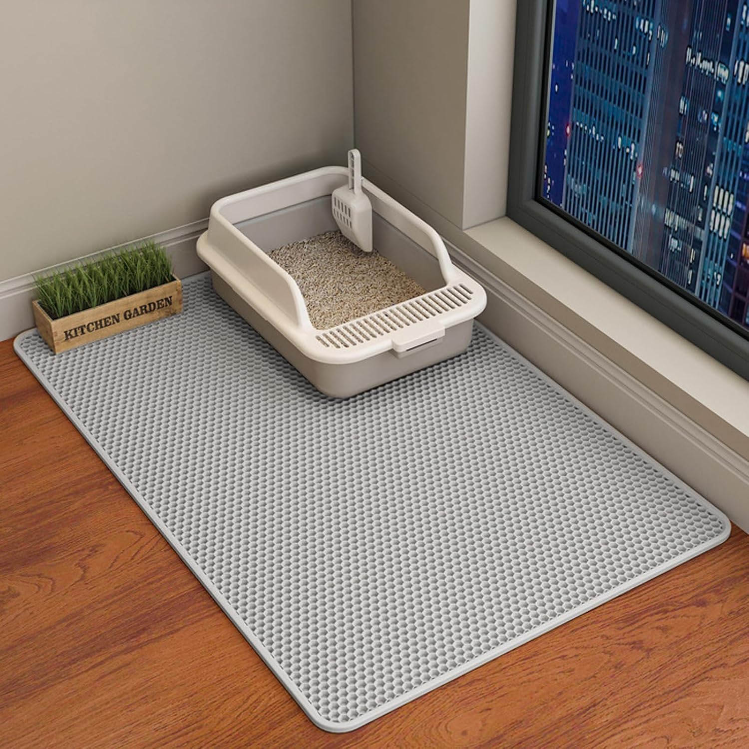 Cat Litter Mat, Double Layer Cat Litter Box Mat (35×24 Inch, Gray)