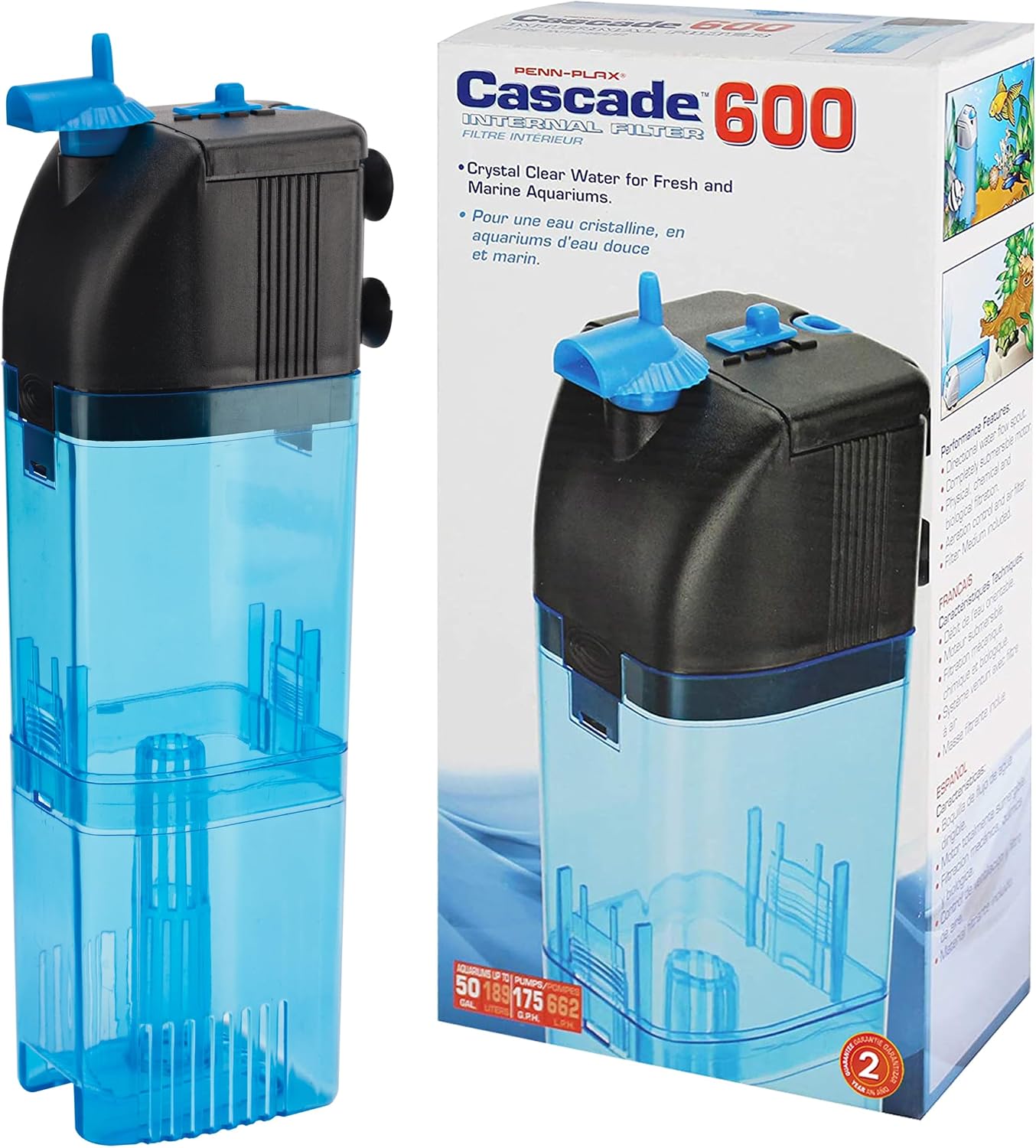 Penn-Plax Cascade 600 Fully Submersible Internal Filter – Provides Physical, Biological, and Chemical Filtration for Aquariums and Turtle Tanks