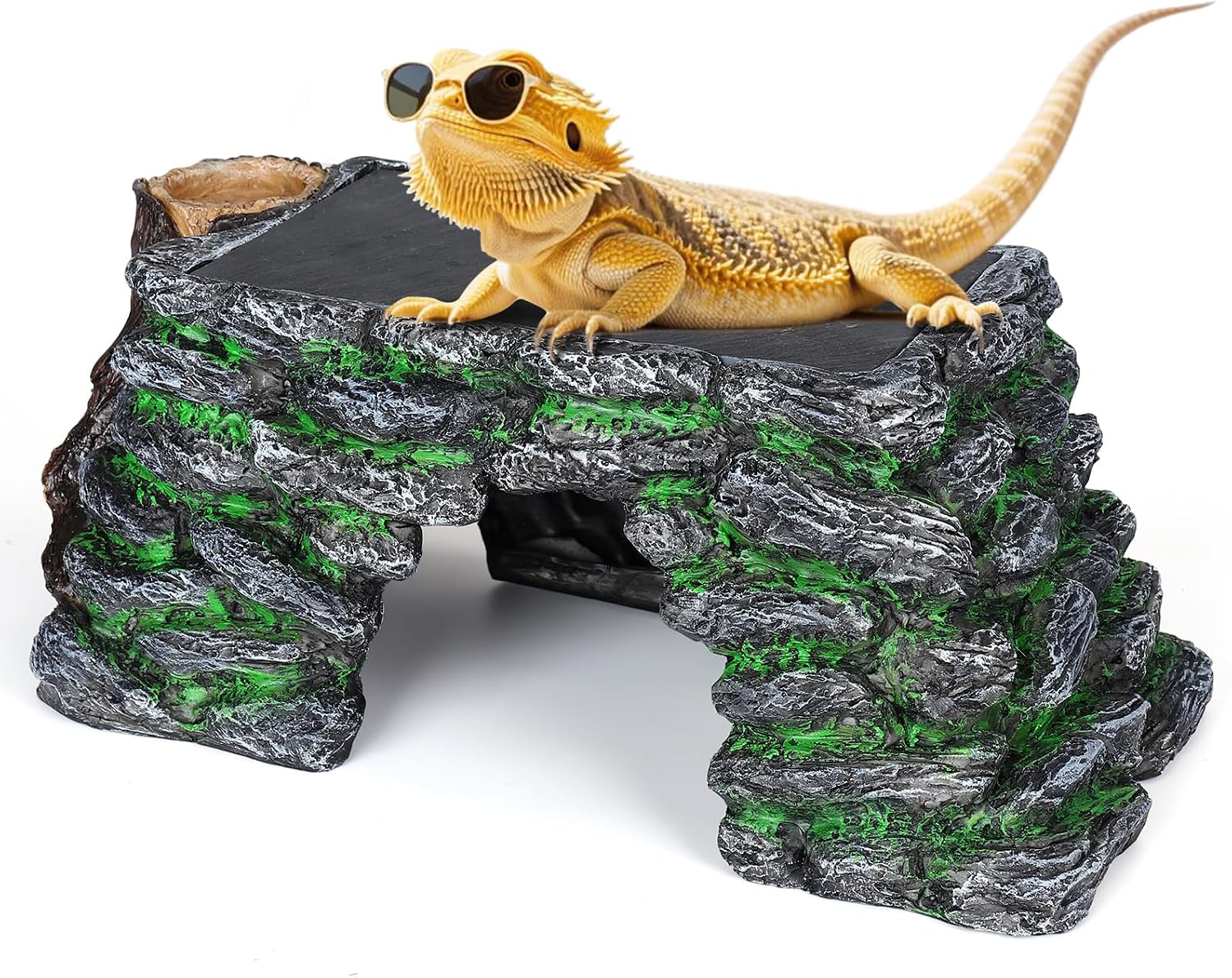 3 in 1 Large Bearded Dragon Basking Platform 13.4×7.1×5.3 in Scape Step Ledge Cave Hideout Natural Rock Reptile Food Bowl Reptile Tank Accessories for Lizard, Geckos, Ball Pythons, Tortoise