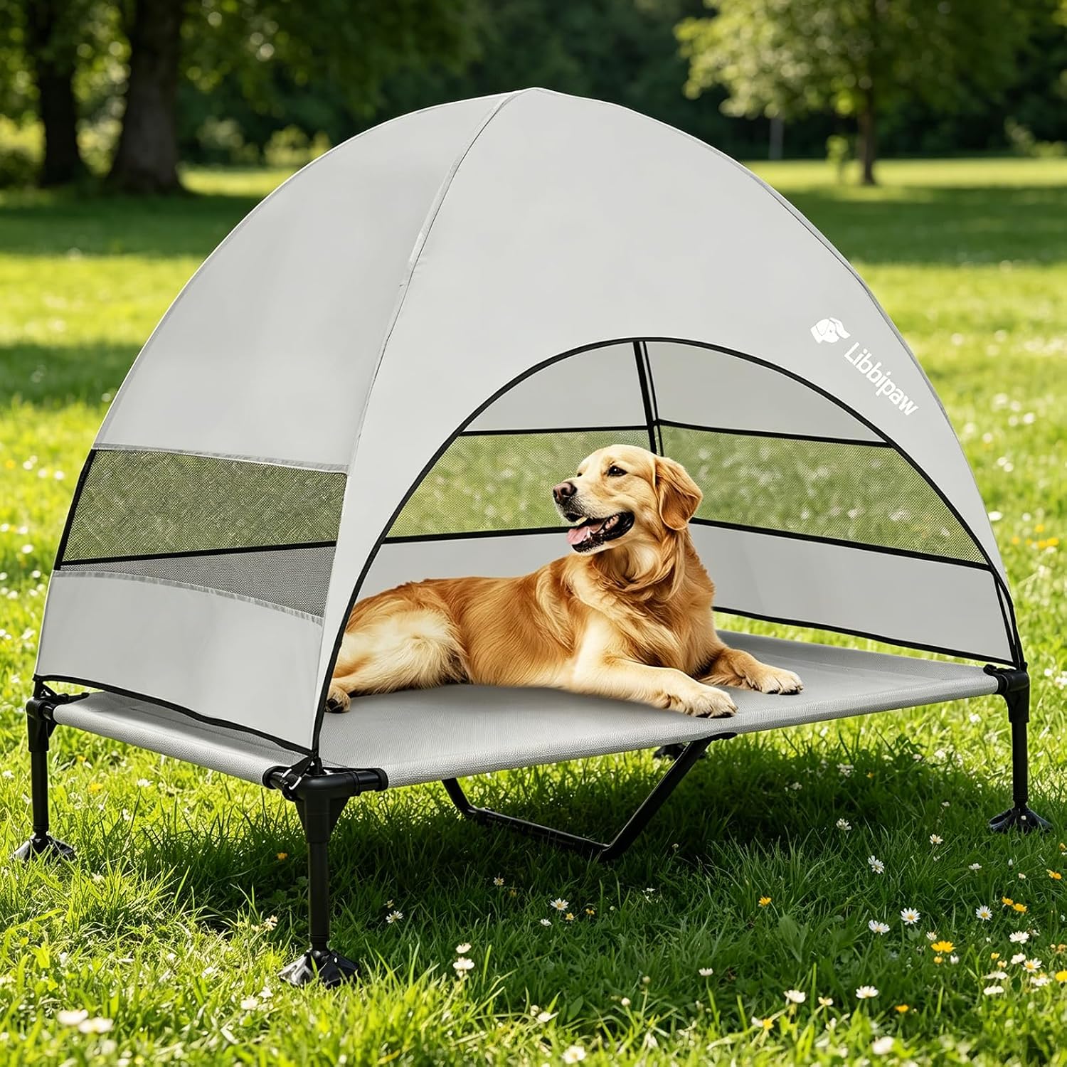 Outdoor Elevated Dog Bed with Canopy for Large Dogs, Grey, XL