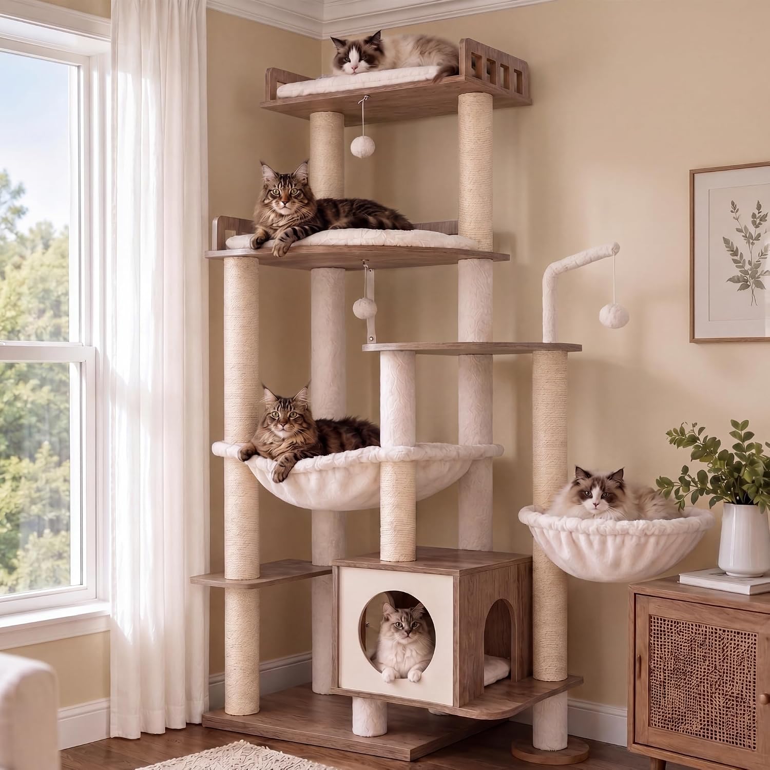 Heybly Cat Tree, 70.5″ Wood Tall Cat Tower for Large Indoor Cats HCT121SG