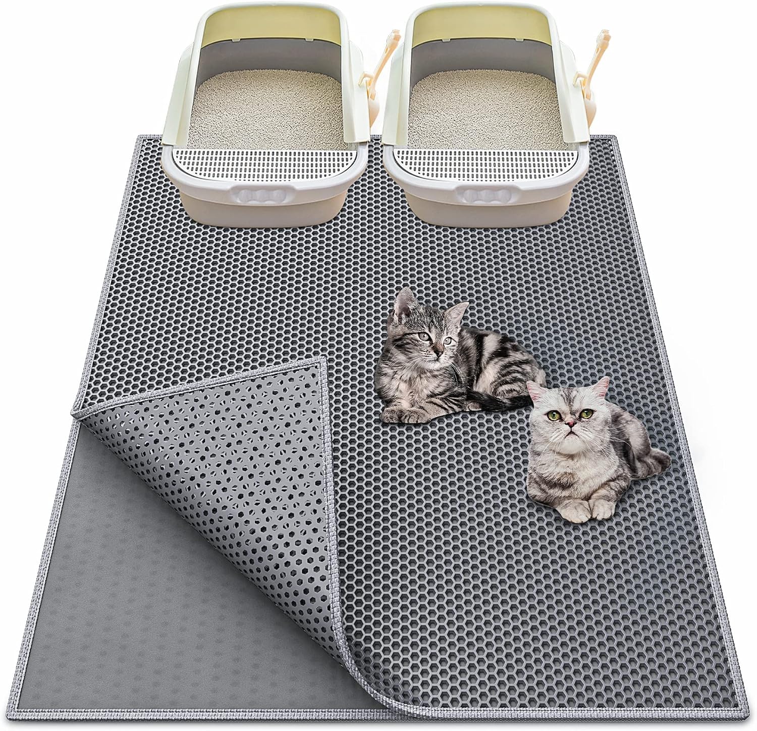 Waretary Cat Litter Mat, 36″x30″, Waterproof, Scatter Control, Grey