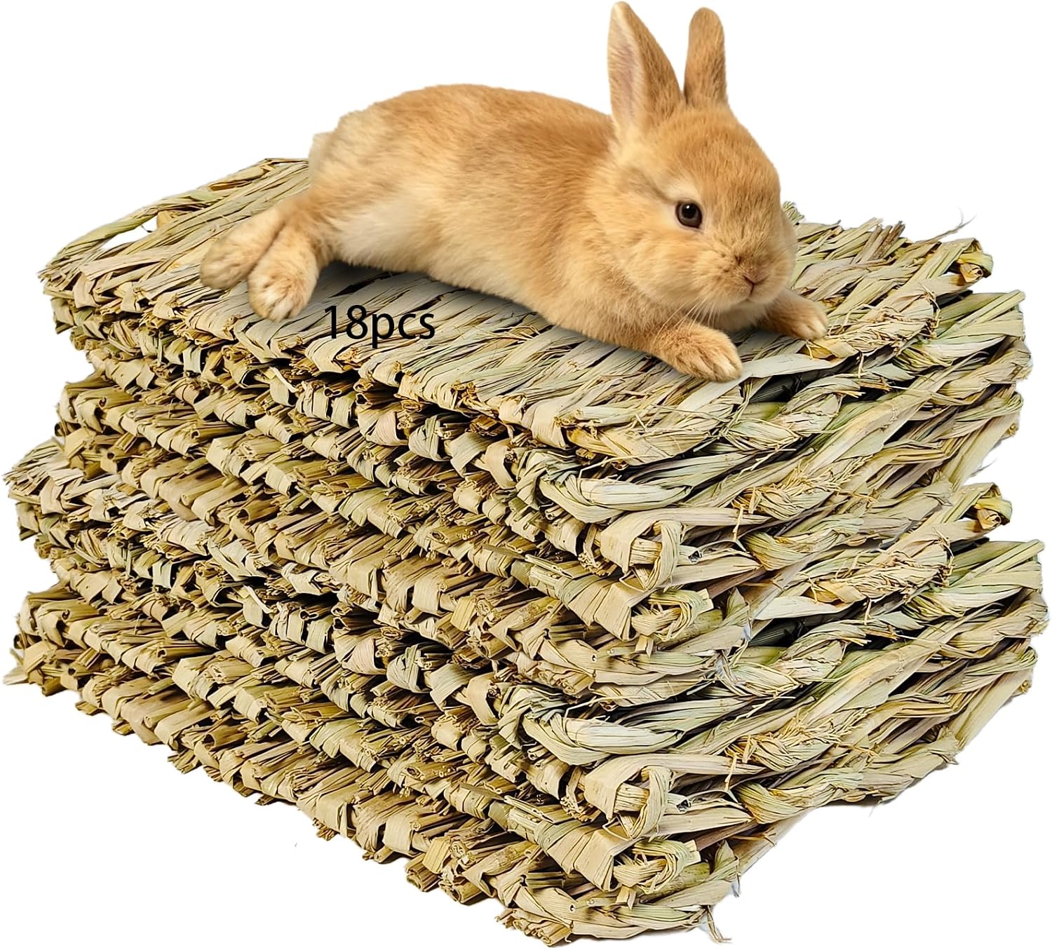 Tfwadmx 18 Pack Bunny Grass Mat Rabbit Natural Straw Woven Bed Small Animal Cages Hay Mats Sleeping Nesting Chewing Toys for Guinea Pig Rabbit Chinchilla Squirrel Hamster