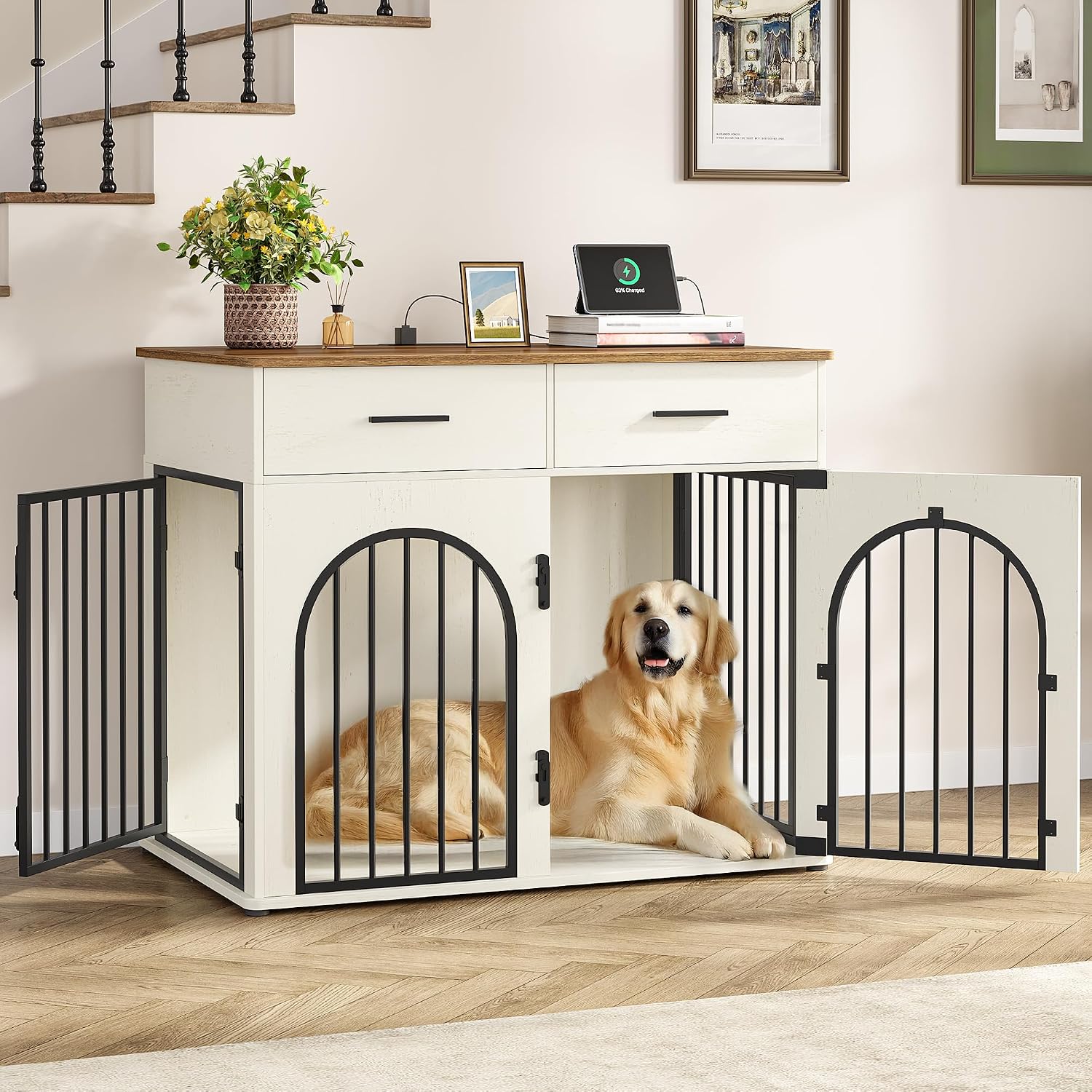 Hzuaneri 43.3” Dog Crate Furniture with Storage & Power Indoor Dog Kennel