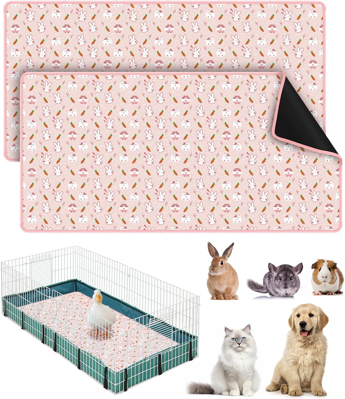 Bissap 2 Packs Guinea Pig Cage Liners, 47”X24” Washable Guinea Pig Pee Pads Non Slip Reusable Fast and Super Absorbent Bedding for Small Animals Rabbit Hamster Chinchillas Rat – Pink