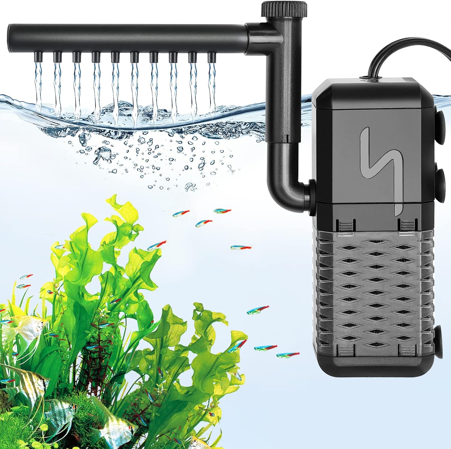 AQQA Submersible Aquarium Filter, Adjustable Flow with Aeration System