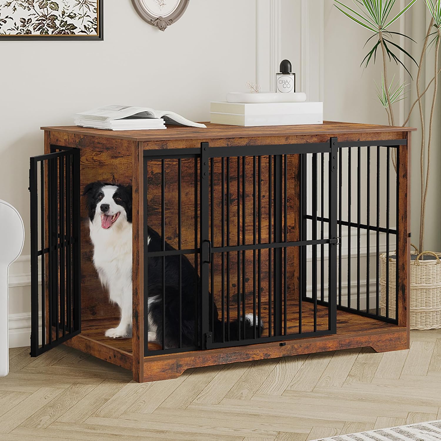 Hzuaneri 44.1″ XL Dog Crate Furniture Indoor Dog Kennel with Barn Door