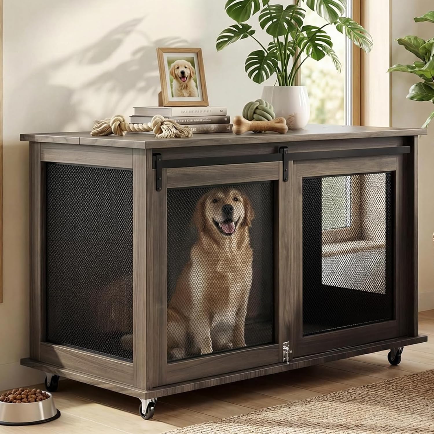 47″ Grey Heavy Duty Wooden XXL Dog Crate Furniture for Extra Large Dogs