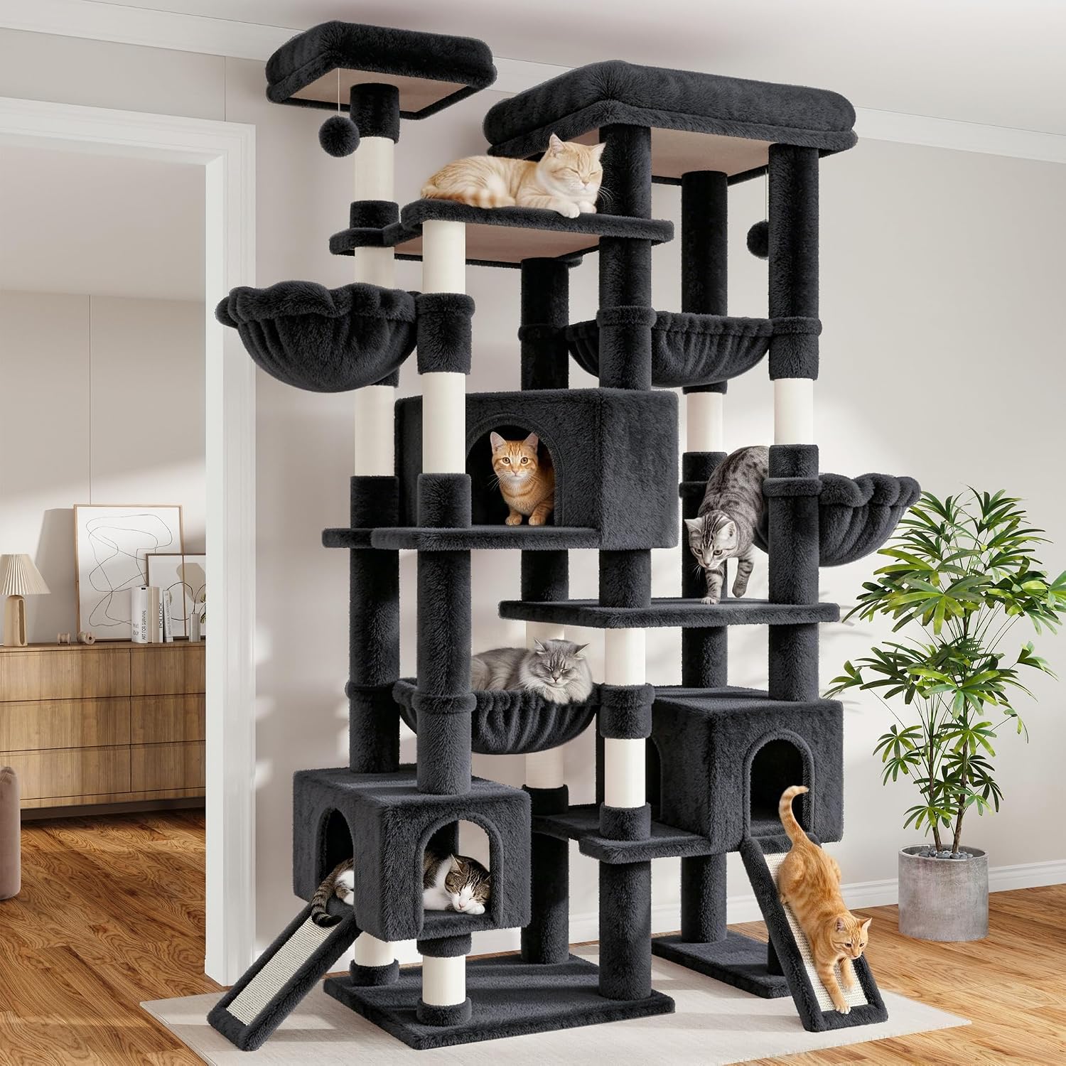 SHA CERLIN 87 in Multi-Level Tall Cat Tree Tower for Large Cats/Extra Wide Feline Activity Center/Sisal Scratching Posts/Wide Base/Cozy Plush Perches/Baskets/Hammocks/Toy Balls/Dark Grey