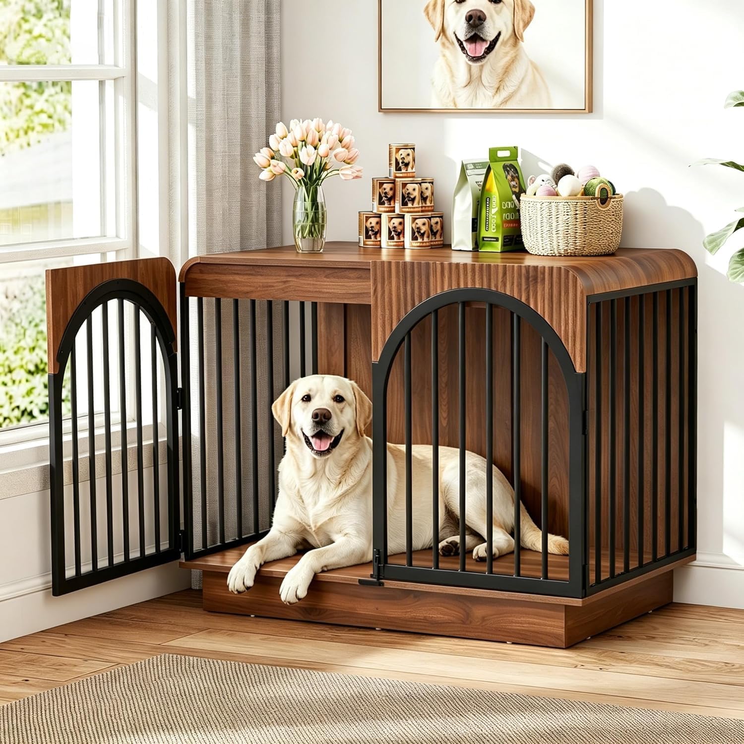 39.3″ Fluted Wooden Dog Crate Furniture, Mid-Century Modern Indoor Dog Kennel Dogs Cage for Medium/Large Dogs, Heavy Duty Dog Crates Decorative Pet House for Living Room, Walnut
