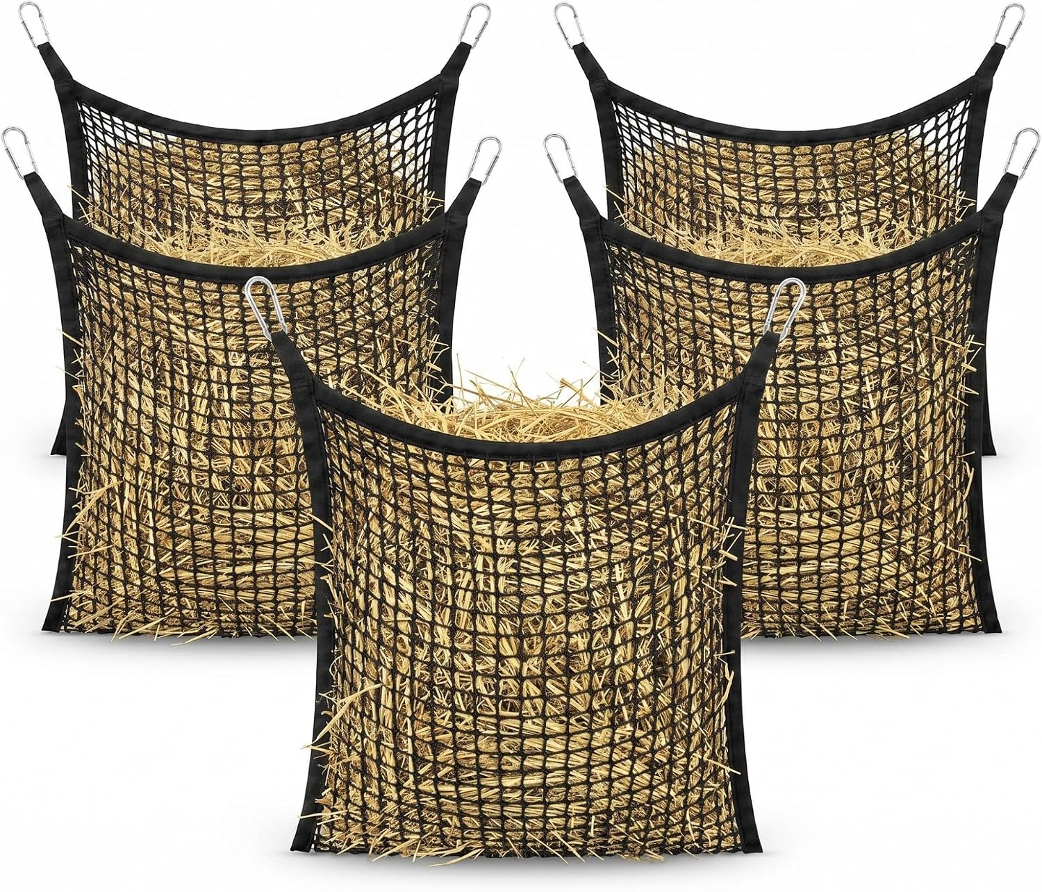 5 Pcs 35 x 31 Inch Hay Nets for Horses Slow Feeding Hay Nets Horse Feed Bag with Clips for Horses Goat Stall Trailer Feeding Stall Trailer Supplies (Black)