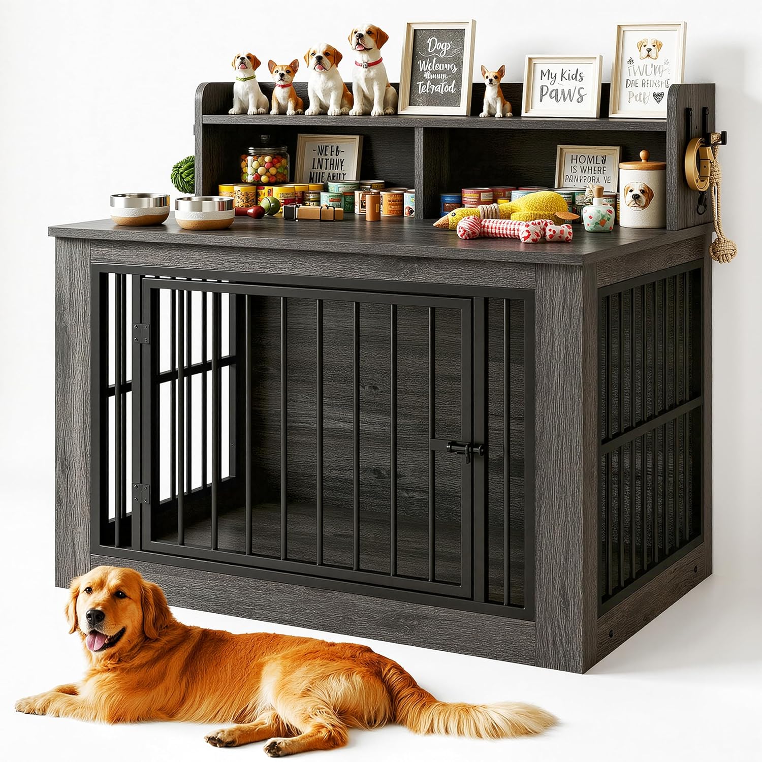 IRONCK 43.3″ Extra Large Dog Crate Furniture with Storage Shelf