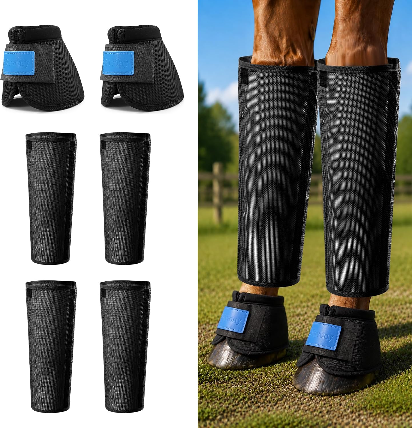 Horse Fly Boots & Bell Boots Set, 4 PCS Mesh Leg Fly Boots + 2 PCS Protective Bell Boots, Breathable Insect‑Repellent Horse Leg Guards, Shock‑Absorbing Hoof Protection for Turnout,Black