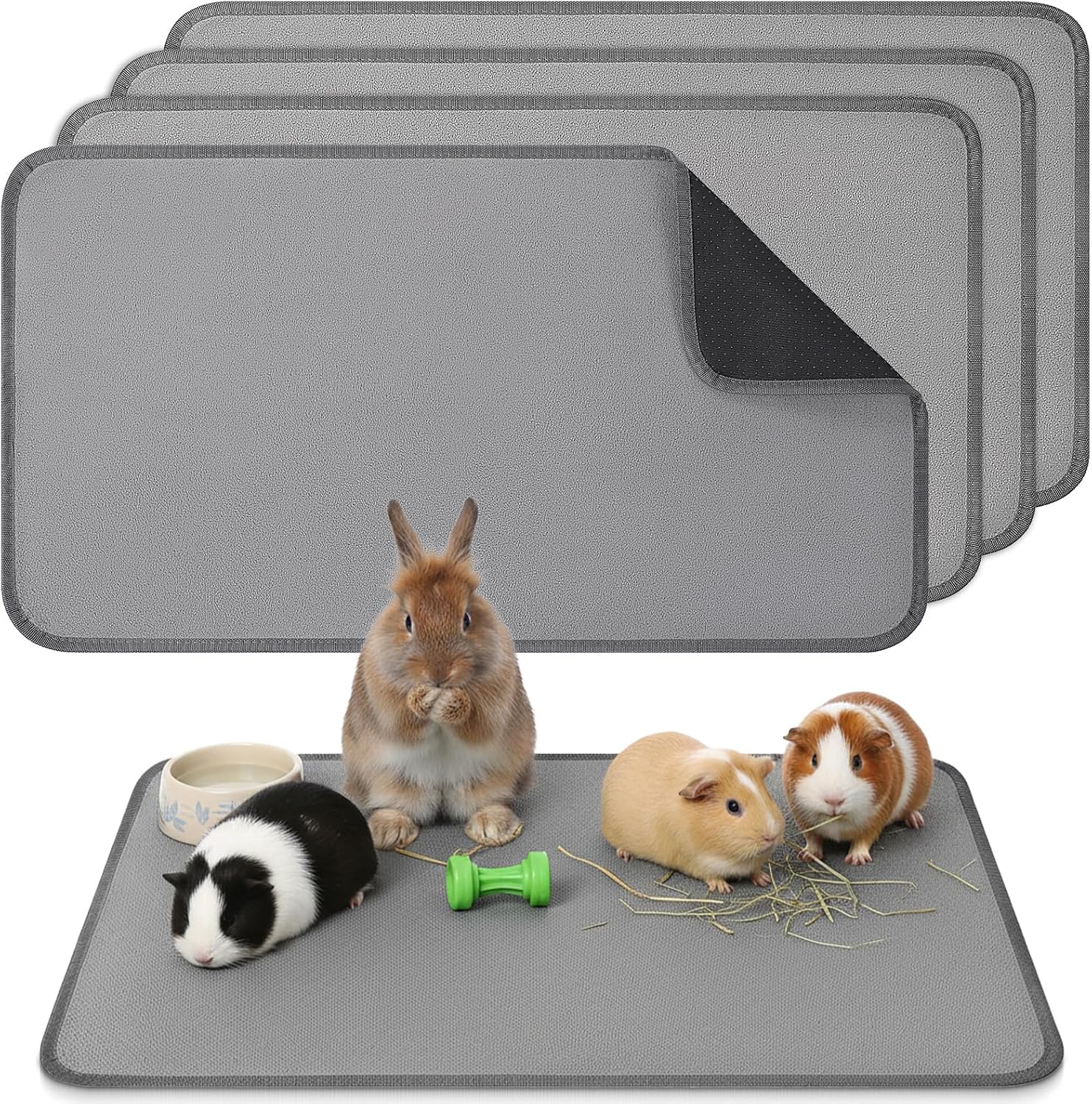 EupHHonycs 4 Pack Guinea Pig Cage Liners 16”X30” Washable Guinea Pig Pee Pads Waterproof Reusable & Anti Slip Fleece Bedding Pads for Small Animals Bunny Rabbit Hamster, Gray