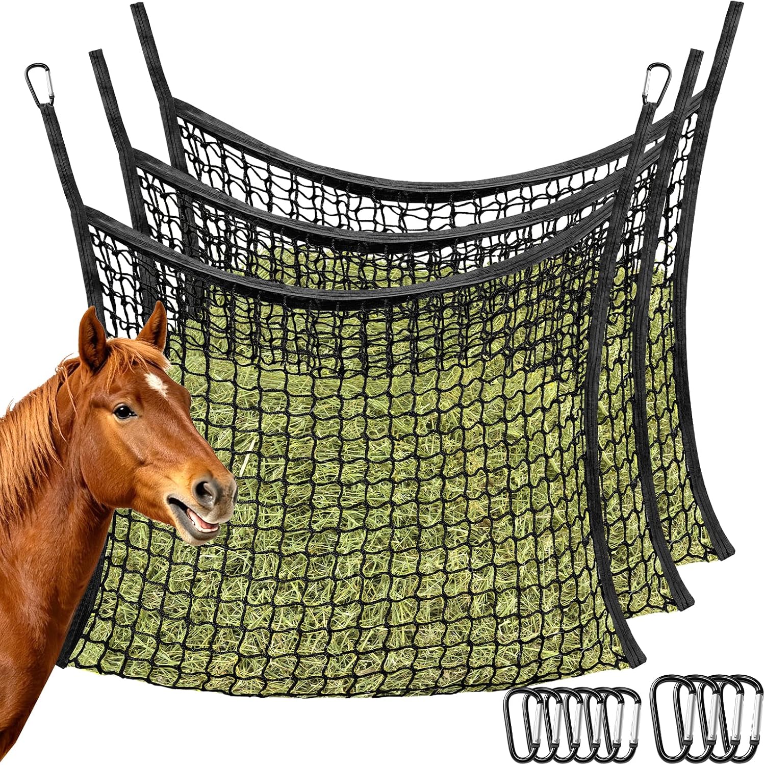 YedsIntu 3 Pcs Hay Bags for Horses, Slow Feed Hay Nets for Horses Goat Sheep, Large Capacity Hay Feeder for Stall, Trailer, Pasture (Black)