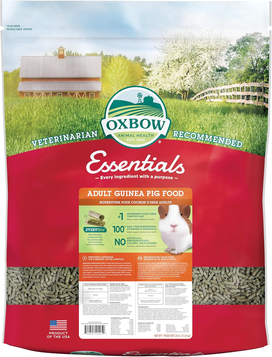 Oxbow Essentials Adult Guinea Pig Food – All Natural Adult Guinea Pig Pellets- No Artificial Ingredients- Veterinarian Recommended- All Natural Vitamins & Minerals- Made in the USA – 25 lb.