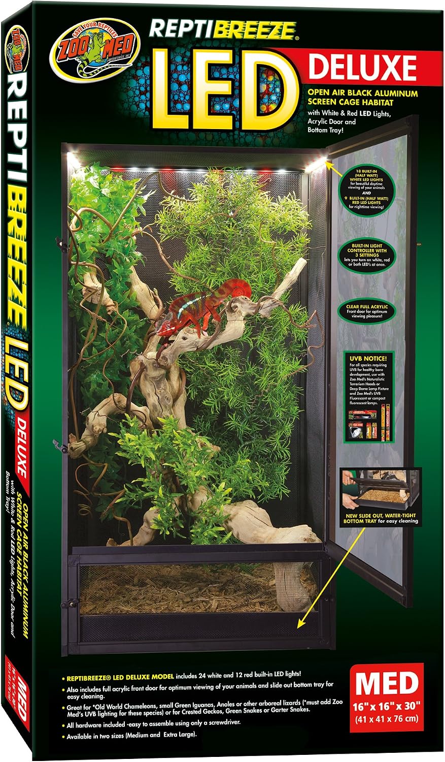 Zoo Med ReptiBreeze LED Deluxe Open Air Aluminum Screen Habitat, Medium 16 L x 16 W x 30 H