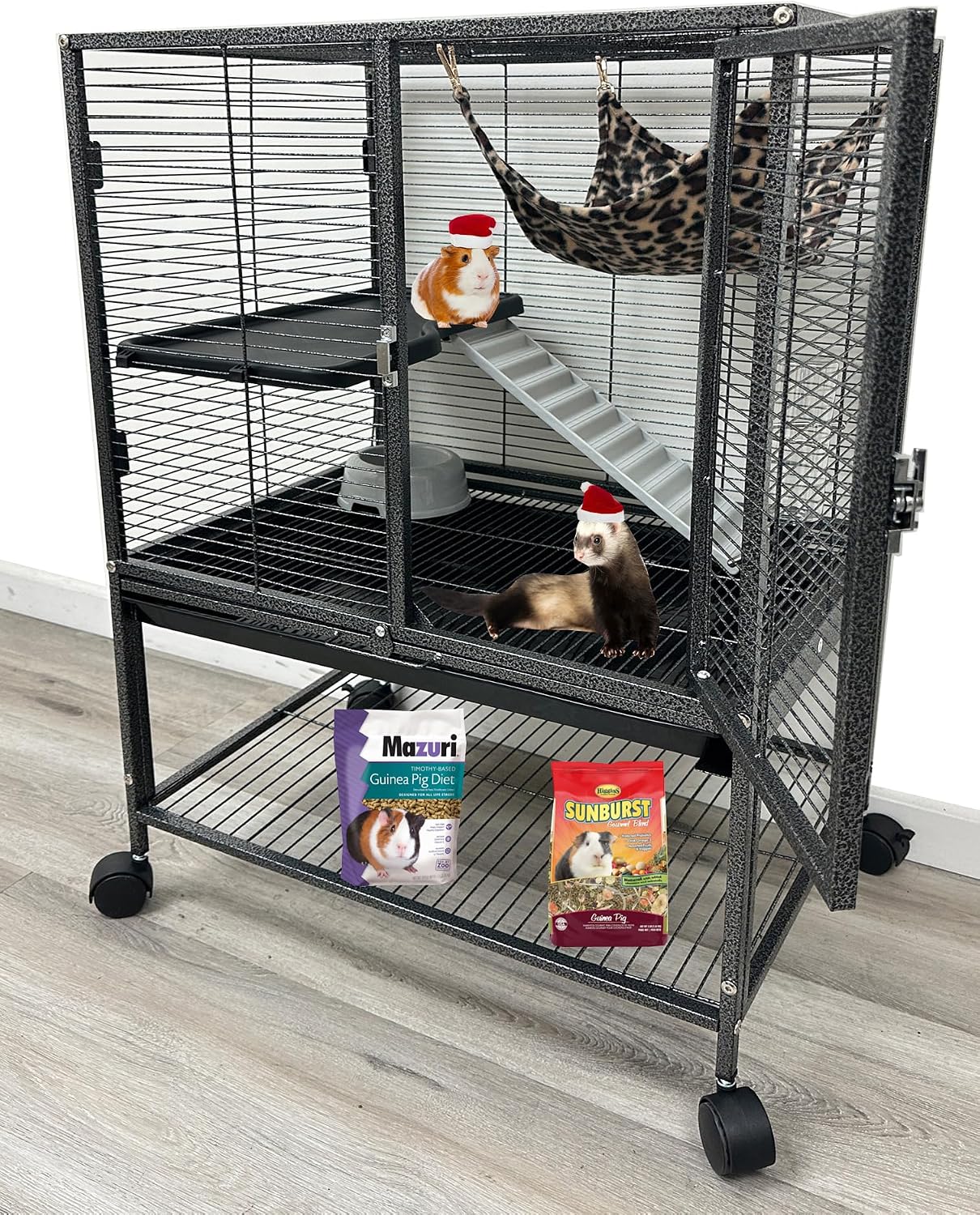 Deluxe Sturdy Wrought Iron Two Tiers Small Animal Critters Rolling Cage