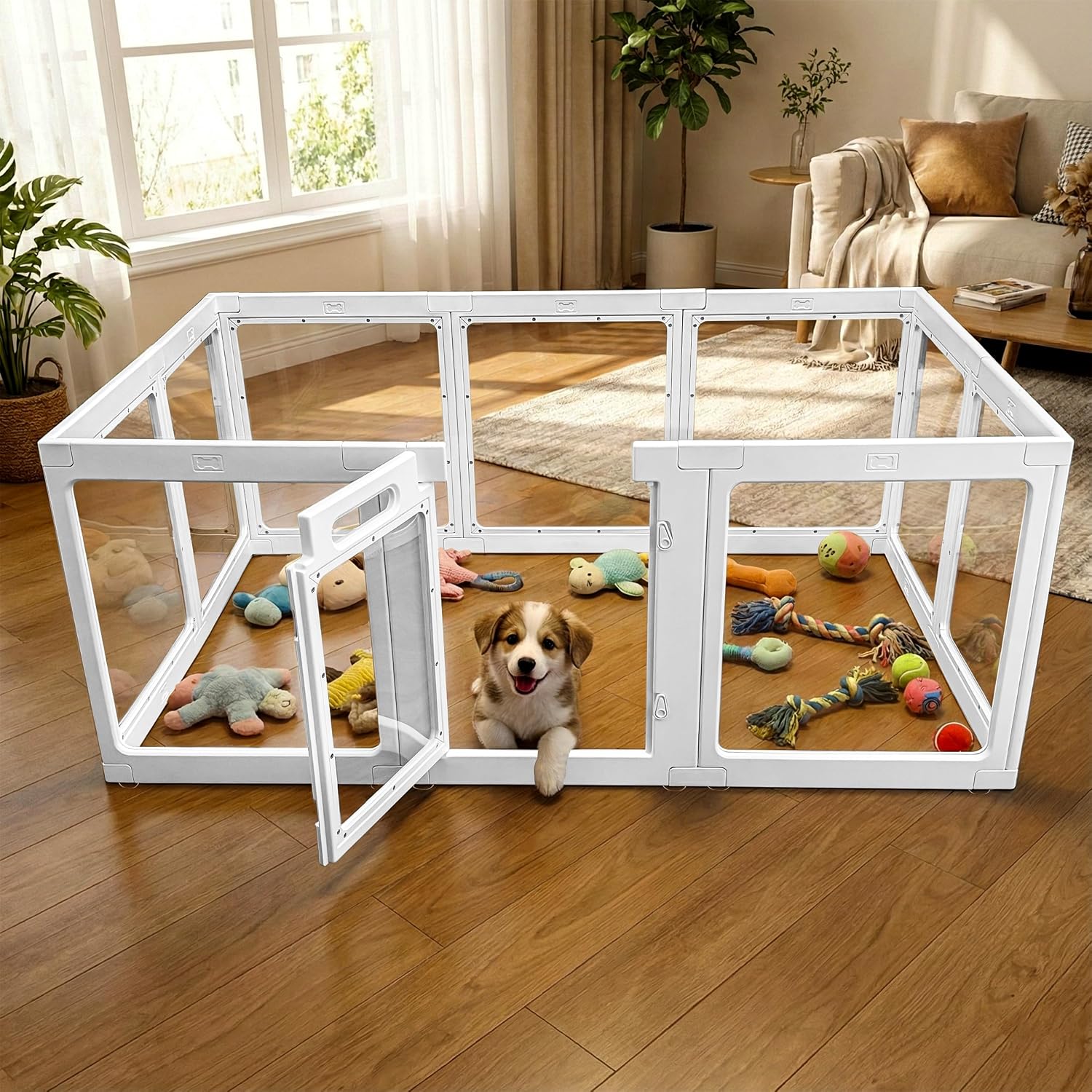 Transparent Indoor Dog Playpen with Safety Lock, Indoor Dog Fence for Small & Medium Pets | Secure, Stylish, Easy Clean Play Pen for Dogs & Pets with Scratch Resistant Panels (24”H,White, 10 Panel)