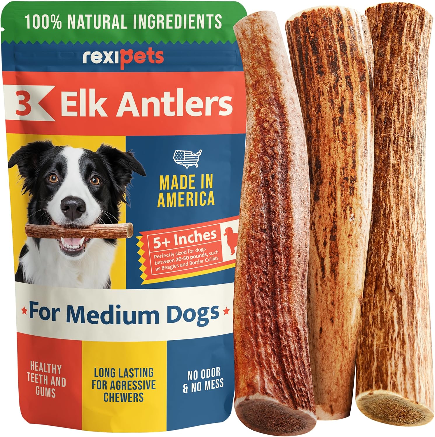 100% Natural – Elk Antlers for Dogs (3 Pack) – Chewers – Naturally Shed in USA – Dog Antler Chews for Medium Breeds – Natural, Long-Lasting Treats for Aggressive Chewers – No Odor & No Mess – Medium