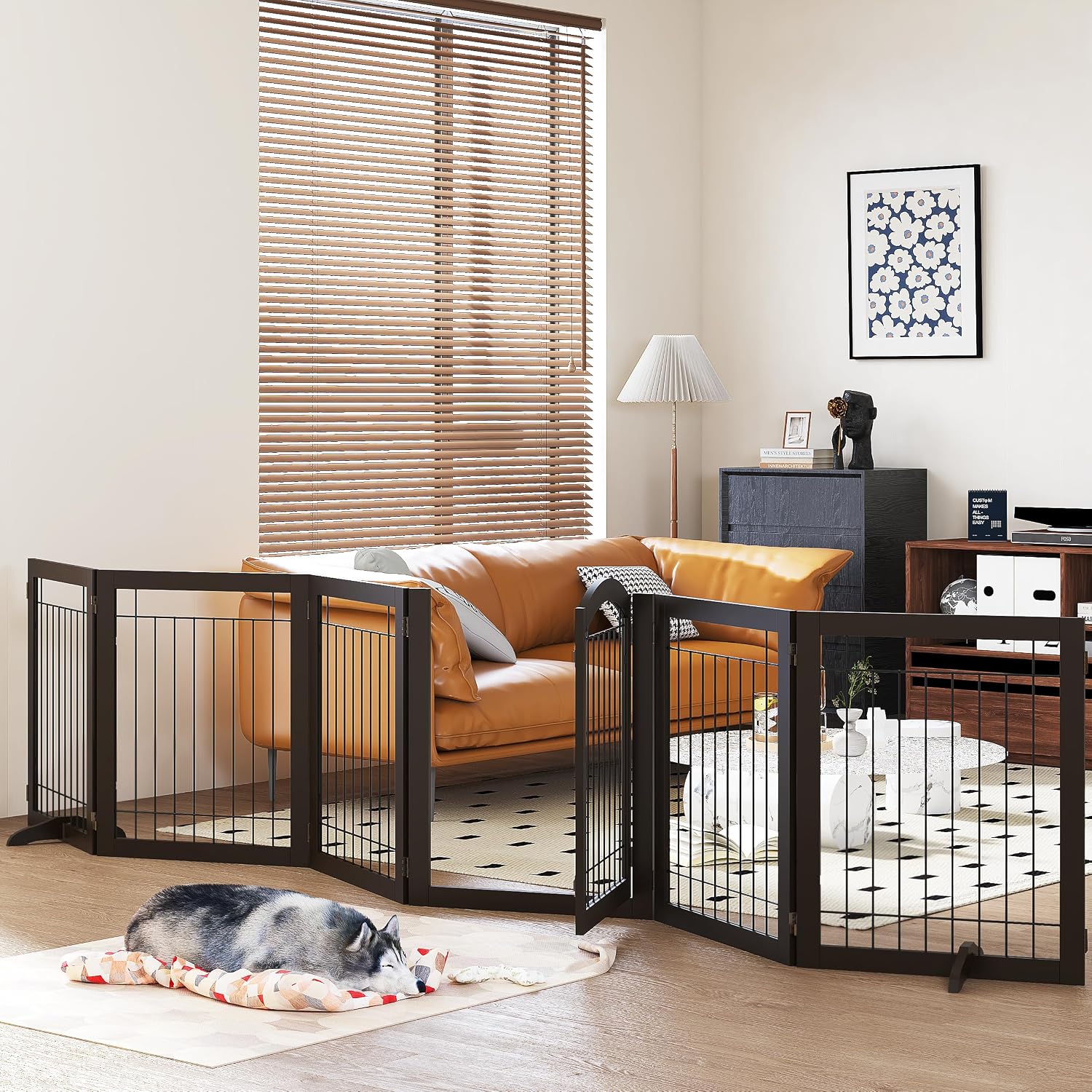 PAWLAND Dog Gate Indoor with Door, Freestanding, Foldable, 144″ Wide, 30″ H