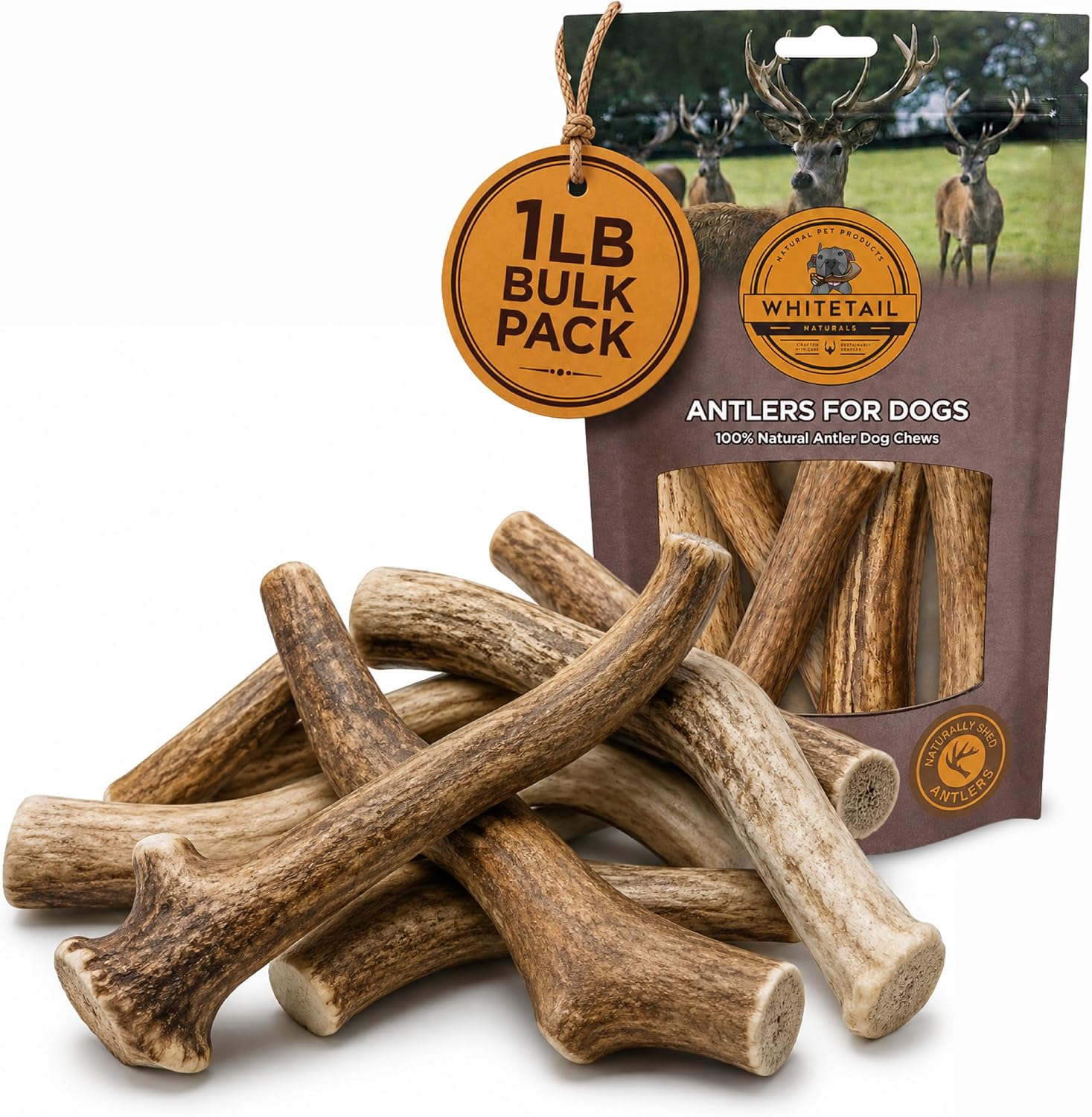 WhiteTail Naturals Whole Deer Antlers for Dogs, 1 lb Bulk Pack Antler Chews