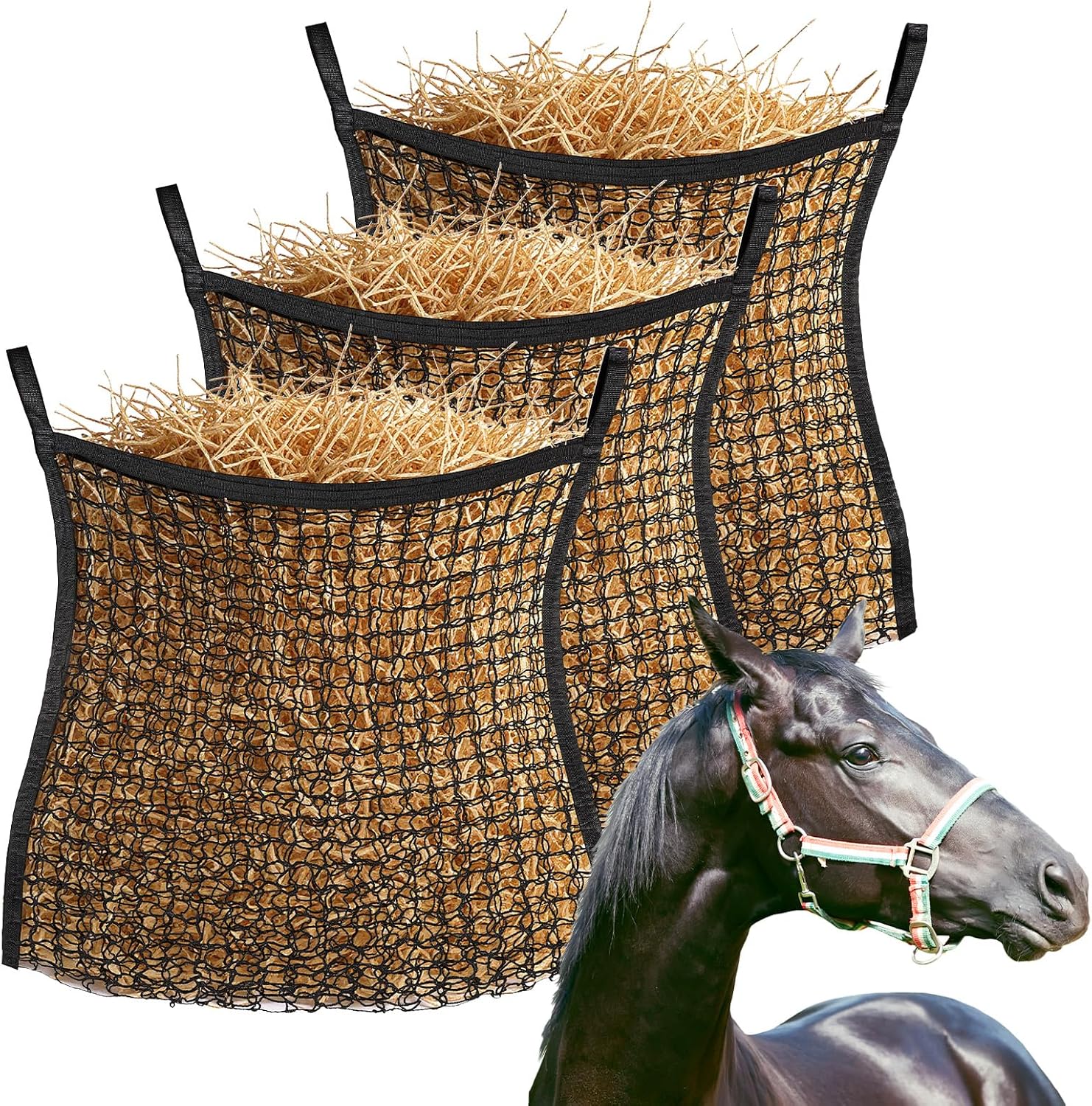3 Pcs Slow Feed Hay Nets for Horses, 37.5 x 31.5 in Hay Bags for Horses with Large Capacity, Hanging Horse Slow FeedHay Bag for Horse and Sheep Trailer Feeders