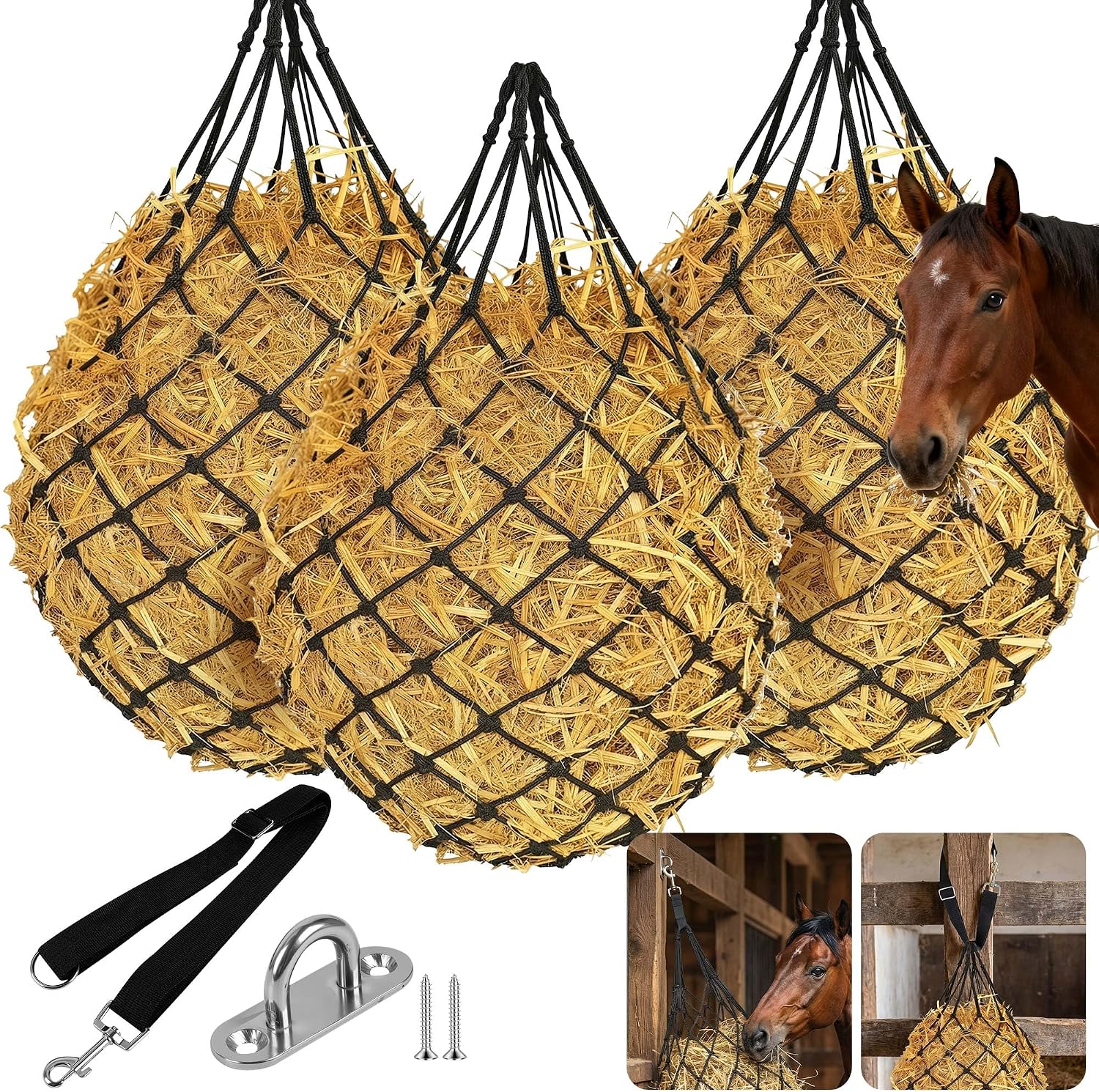 3 Pcs 47″ Hay Nets for Horses with Straps & Hooks