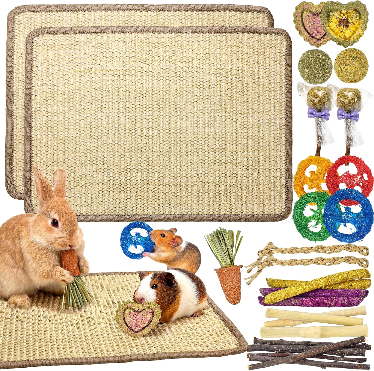 LECHONG Rabbit Toys, Natural Bunny Chew Toys with Sisal Scratch Nesting Mats Pads, Enrichment Toys for Bunnies Boredom, Suitable for Rabbits, Guinea Pigs, Chinchilla Hutch Cage Indoor Outdoor Use